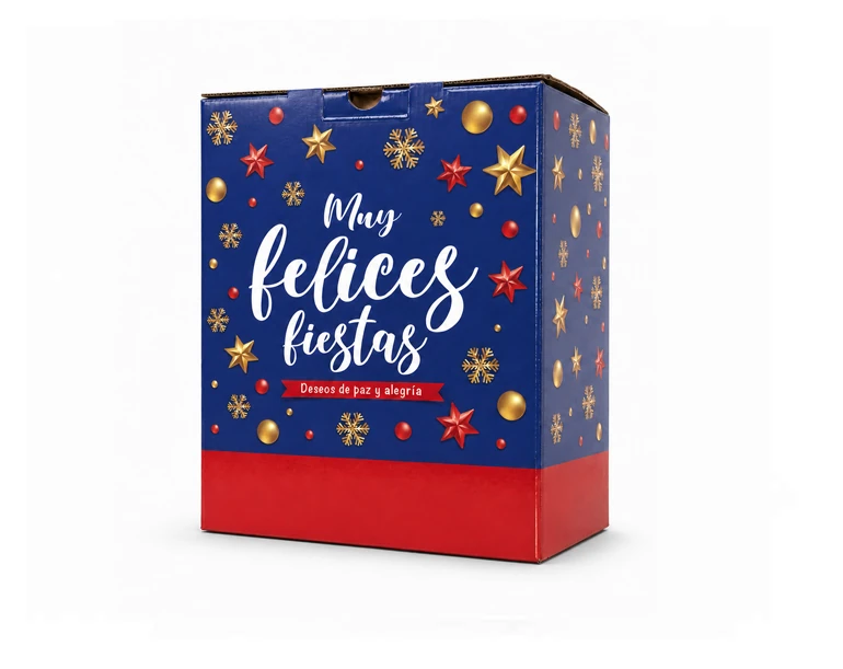 Caja navideña azul Muy Felices Fiestas